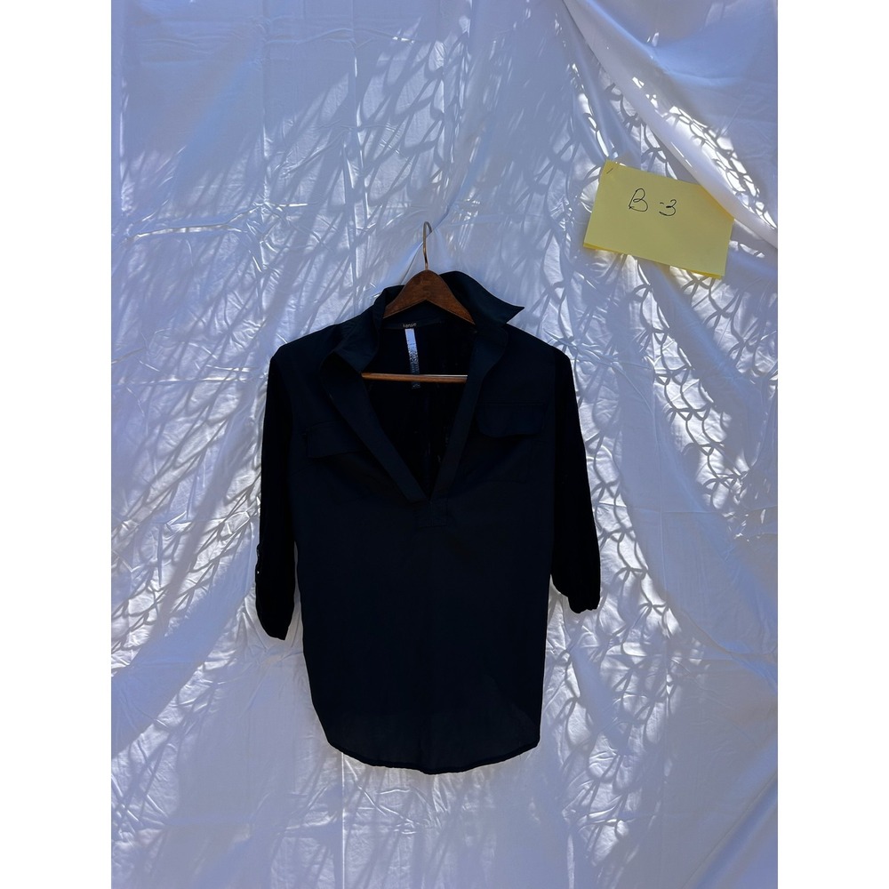 Kensie Black Collared Button-Up Shirt Women's XS Roll-Tab Sleeves